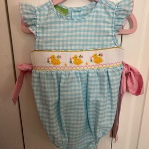 Classic Whimsy Duckling Smocked Turquoise Beverly Bubble Easter Sister Set